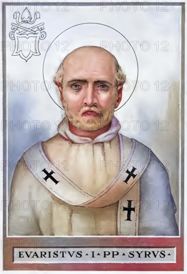 Evaristus (born in the 1st century, died probably 105-107 in Rome) was a leading figure in the Christian community of Rome at the turn of the 2nd century AD and is traditionally counted as the fifth bishop of Rome, who held office from around 98-105. In the Catalogus Liberianus, a list of popes from late antiquity, he is called Aristus, Historical, authentic, digitally restored reproduction from a 19th century original, record date not stated, subsequently coloured