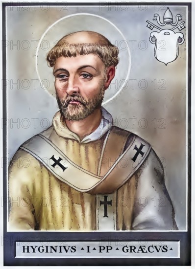 Hyginus (transmitted in the manuscripts in the forms Hyginus, Yginus, Egenus, Viginus, died 142 or 149 in Rome) was Bishop of Rome from the year 138, Historical, authentic, digitally restored reproduction from a 19th century original, Record date not stated, subsequently coloured