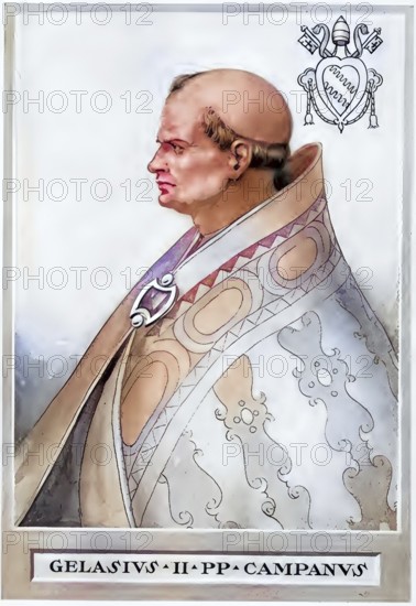 Gelasius II (born between 1060 and September 1064 in Gaeta, died 29 January 1119 in Cluny) was pope from 1118 until his death. His original name is given in Italian as Giovanni da Gaeta, in German as Johannes von Gaeta, Historical, authentic, digitally restored reproduction from a 19th century original, Record date not stated, subsequently coloured