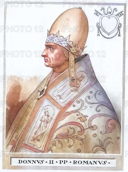 Pope Donus II is an apocryphal pope who allegedly held office for a short time sometime in the 970s between Benedict VI and Benedict VII, subsequently coloring a historical, authentic, digitally restored reproduction of a 19th-century original, record date not stated