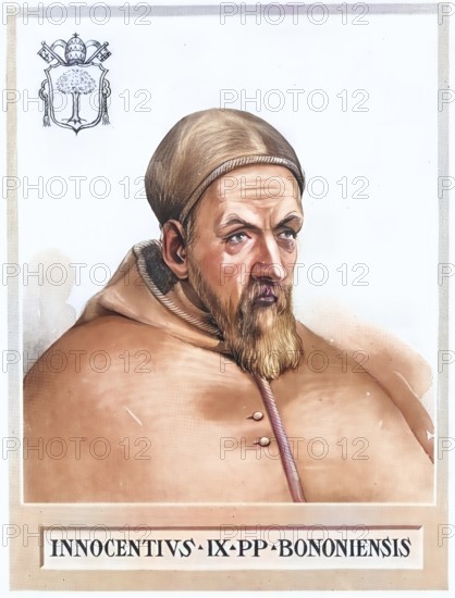 Innocent IX (born 20 July 1519 in Bologna, died 30 December 1591 in Rome), real name Giovanni Antonio Facchinetti, was Pope of the Roman Catholic Church from 29 October 1591 until his death, Historical, authentic, digitally restored reproduction from a 19th century original, Record date not stated, subsequently coloured