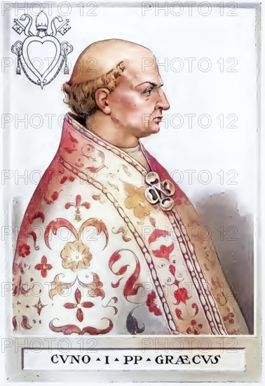 Konon (died 21 September 687 in Rome) was Pope from 686 to 687, Historical, authentic, digitally restored reproduction from a 19th century original, Record date not stated, subsequently coloured