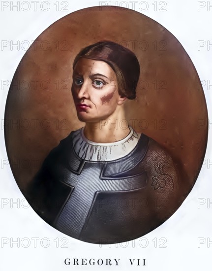 Gregory VII (born between 1025 and 1030 possibly in Sovana as Hildebrand (of Soana), died 25 May 1085 in Salerno) was Pope from 22 April 1073 to 1085, Historical, authentic, digitally restored reproduction from a 19th century original, Record date not stated, subsequently coloured