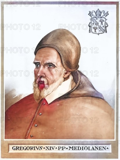 Gregory XIV (born 11 February 1535 in Somma Lombardo, died 16 October 1591 in Rome), real name Niccolò Sfondrati, was Pope of the Catholic Church from 1590 to 1591, Historical, authentic, digitally restored reproduction from a 19th century original, Record date not stated, subsequently coloured