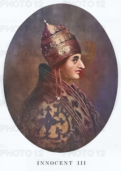 Innocent III (born Lotario dei Conti di Segni, Germanised as Lothar from the House of the Counts of Segni, born 22 February 1161 at Gavignano Castle, died 16 July 1216 near Perugia) was Pope of the Roman Catholic Church from 1198 to 1216. He is considered one of the most important popes of the Middle Ages, Historical, authentic, digitally restored reproduction from a 19th century original, Record date not stated, subsequently coloured