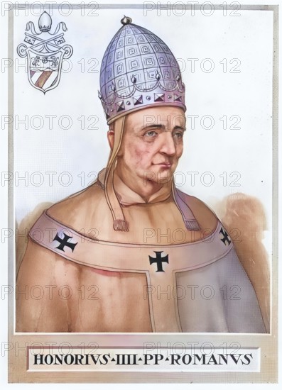 Honorius IV, originally Giacomo Savelli (born around 1210 in Rome, died there on 3 April 1287), was Roman Catholic Pope from 2 April 1285 until his death, historical, authentic, digitally restored reproduction from a 19th century original, record date not stated, subsequently coloured