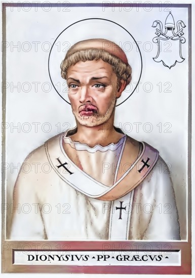 Dionysius (born unknown, died 26 December 268) was Bishop of Rome from 22 July 260 until his death. The church and monastery of San Dionigi alle Quattro Fontane and San Silvestro in Capite in Rome are dedicated to him, Historical, authentic, digitally restored reproduction from a 19th century original, Record date not stated, subsequently coloured