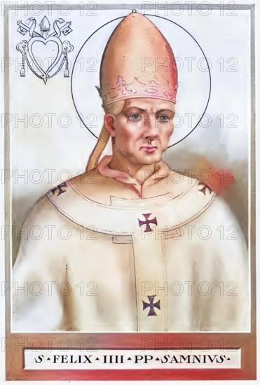 Felix III was bishop of Rome from 526 until his death. In the former dominant census, which recognizes his predecessor Felix II, who reigned in the 4th century, as the legitimate pope, he appears as Felix IV. Sometimes he is therefore referred to as Felix III or Felix IV. Historical, authentic, digitally restored reproduction from a 19th century original, record date not stated, subsequently colored