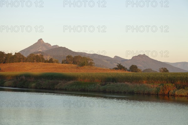 Sunrise light illuminating Mount Warning and surrounding farmland with cultivated cane fields beside a calm river, showing a peaceful agricultural landscape shaped by nature and farming traditions, Murwillumbah, New South Wales, Australia