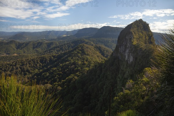 Clear blue sky with an open view toward the Mount Cougal summit, showing natural ridges and forested slopes within a protected landscape, state border, Tweed Shire, Queensland and New South Wales, Australia