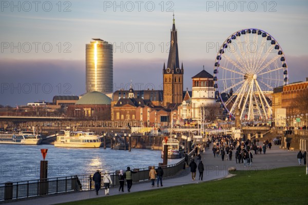 Rhine promenade in Düsseldorf, Ferris wheel, old castle tower, St. Lambert Basilica, old town, ERGO Insurance high-rise building, North Rhine-Westphalia, Germany