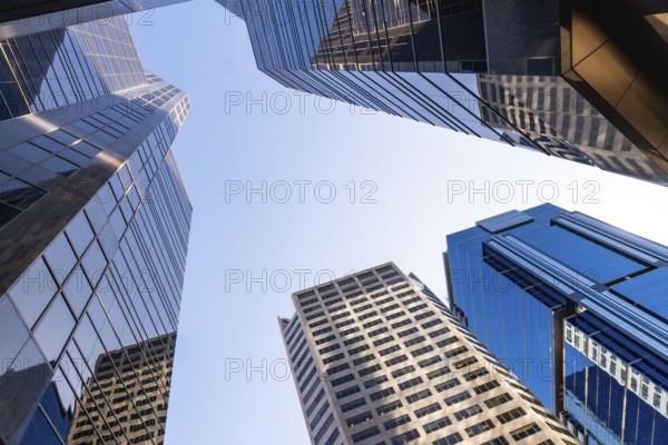 Low angle view of modern skyscrapers towering against a clear blue sky in calgary, alberta, showcasing the city's vibrant architecture and urban development