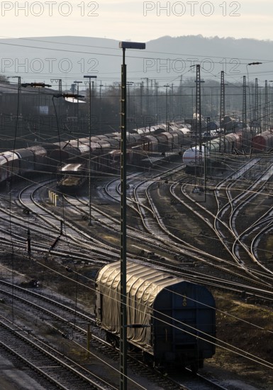 Train formation system with many rails in the Vorhalle district, marshalling yard, freight trains, infrastructure, Hagen, Ruhr area, North Rhine-Westphalia, Germany