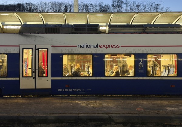 Regional express from National Express in the evening, central railway station, Hagen, North Rhine-Westphalia, Germany