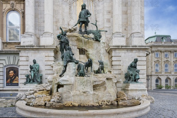 Buda Castle, Spectacular Mathias fountain with hunter statues, Budapest, Hungary