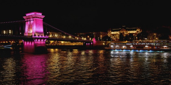 Chain Bridge at night viewed from the Danube River, Budapest, Hungary