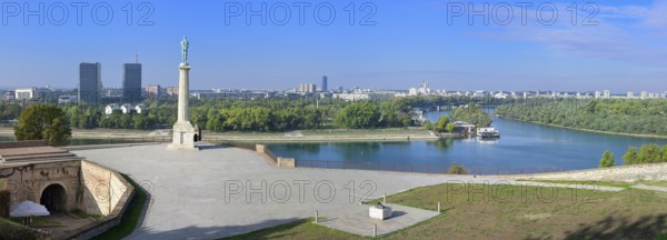 View over Belgrade and Statue of The Victor to commemorate victories against the Ottoman and Austro-Hungarian empires, Kalemegdan fortress, Stari Grad, Belgrade, Serbia