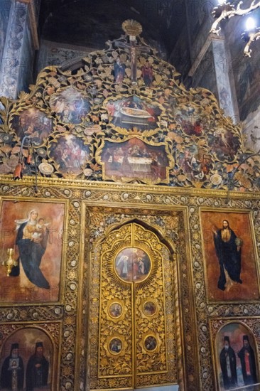Detailed religious icons with golden decoration in an artfully designed church interior, Bodbe Monastery, Sighnaghi, Signagi, Kakheti Province, Greater Caucasus, Georgia, Western Asia