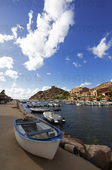 Boats in Port de Porto or Port of Porto on the Porto River, behind the Genoese Tower, Porto, Ota, west coast of Corsica, Corse-du-Sud, Corsica, France