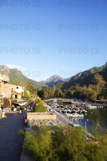 Port de Porto or port of Porto on the Porto river, behind the Capu d'Orto mountains, Porto, Ota, west coast of Corsica, Corse-du-Sud, Corsica, France