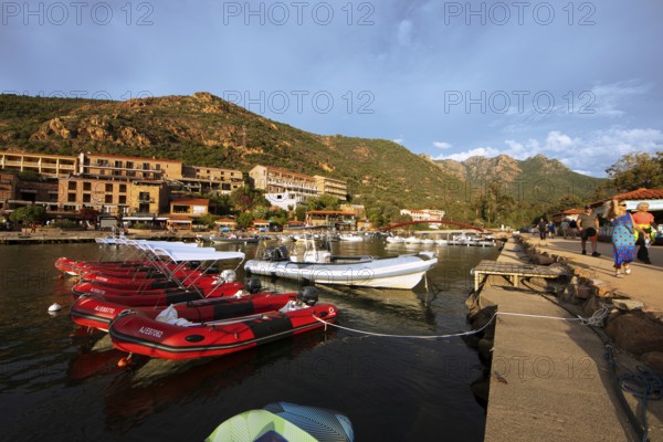 Colourful boats in Port de Porto or Port on the Porto River, in the background the Capu d'Orto Mountains, afternoon atmosphere, Porto, Ota, west coast of Corsica, Corse-du-Sud, Corsica, France