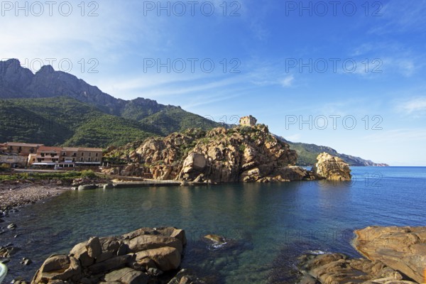 Marina de Porto with Genoese Tower in Porto Bay, a UNESCO World Heritage Site, Porto, Ota, West Coast of Corsica, Corse-du-Sud, Corsica, France