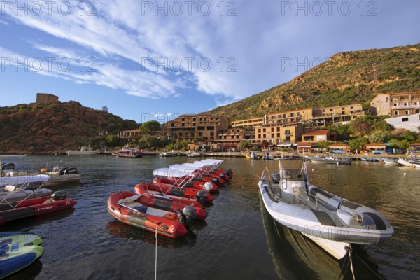 Colourful boats in Port de Porto or Port on the Porto River, behind the Genoese Tower, Porto, Ota, west coast of Corsica, Corse-du-Sud, Corsica, France
