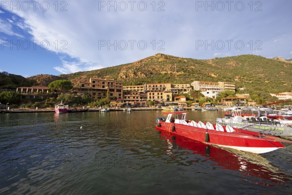 Colourful boats in Port de Porto or Port on the Porto River, Porto, Ota, west coast of Corsica, Corse-du-Sud, Corsica, France