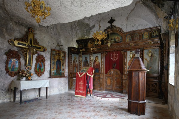 Bulgarian Orthodox Rock cave Monastery of Saint Dimitar Basarbowski, Cave chapel, Basarbovo, Rousse, Bulgaria