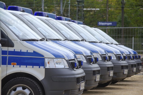 June 10, 2012 Demonstration in Göppingen, Baden-Württemberg, Germany. Several riot police vehicles are parked in a row at the train station in Göppingen and secure the public area with their presence
