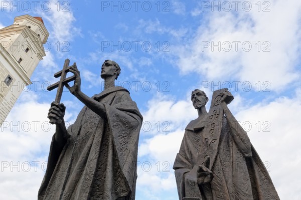 Bratislava castle, Bronze Statue of Saints Cyril, Methodius, and Gorazd in the castle gardens, Bratislava, Slovakia