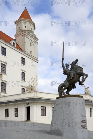 Bratislava castle, King Svatopluk equestrian statue in front of the castle, Bratislava, Slovakia