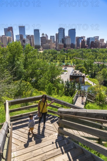 Tourists enjoying a sunny day walking down wooden stairs in a park overlooking the calgary skyline, showcasing urban life amidst nature's beauty