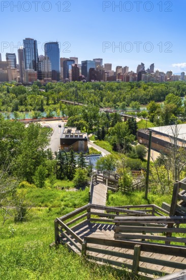 Wooden staircase winding down a grassy slope, leading towards the modern cityscape of calgary, alberta, under a vibrant blue sky, offering a picturesque urban panorama