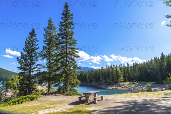 Breathtaking summer view of lake minnewanka, featuring turquoise waters, lush evergreen forests, and rugged mountains, creating an idyllic spot for relaxation in banff national park