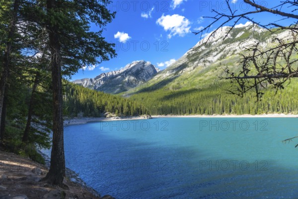 Sunlight illuminating the turquoise waters of lake minnewanka reflects the majestic canadian rockies and lush evergreen forests in banff national park, alberta