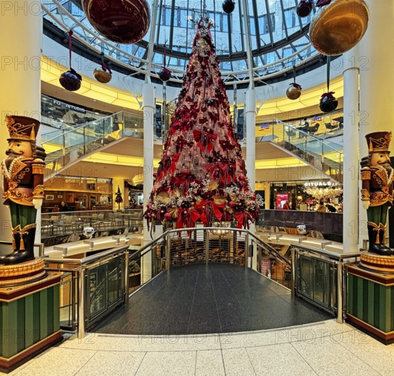 Schadow arcades, elegant shopping center with Christmas decorations and a large Christmas tree spread over several floors, Düsseldorf, Germany