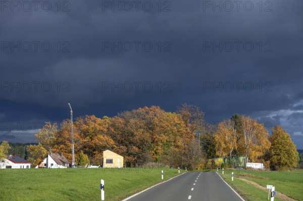 Stormy sky with autumn trees, Neunhof bei Lauf, Middle Franconia, Bavaria, Germany
