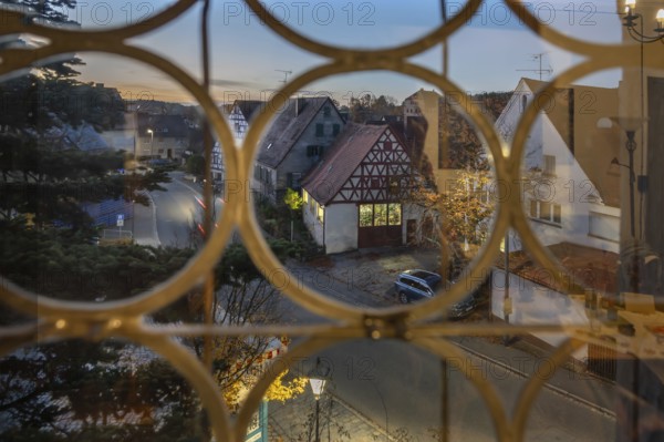 View from the castle window of the evening Neunhof near Lauf an der Pegnitz, Middle Franconia, Bavaria, Germany