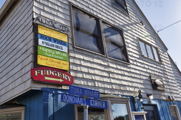 Popular area Tuna Wharf, artisans, restaurants and shops, façade detail, signs, Bearskin Neck, Rockport, Cape Ann, Massachussets, New England, USA