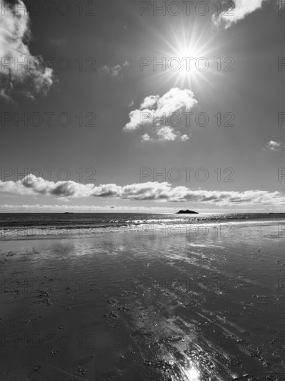 Lonely sandy beach, cumulus, sunbeams, monochrome, Singing Beach, Manchester-by-the-Sea, Cape Ann, Massachusetts, New England, USA