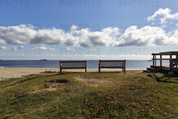Two benches with views of the sandy beach and ocean, Singing Beach, Manchester-by-the-Sea, Cape Ann, Massachusetts, New England, USA