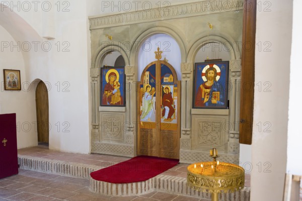 Orthodox church interior with magnificent icons and elegant altar, St. George Church, Old Town, Sighnaghi, Signagi, Kakheti Province, Greater Caucasus, Georgia, Western Asia