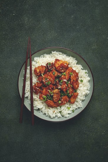 Fried chicken teriyaki with rice, green onion and sesame, homemade, no people