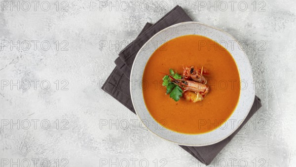 Shrimp cream soup, bisque soup, French cuisine, homemade, no people