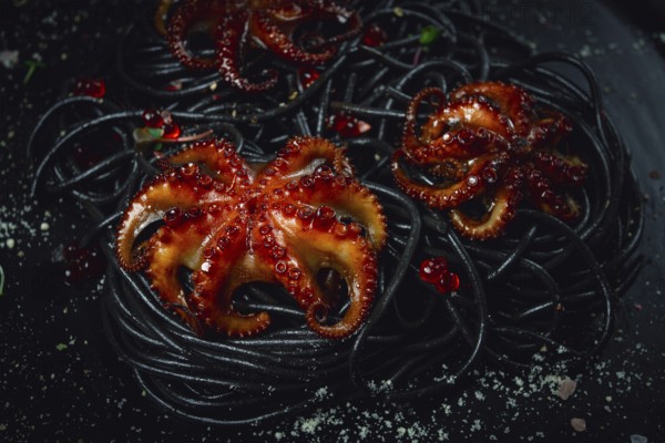 Black spaghetti with baby octopuses, homemade, no people