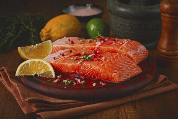 Two salmon fillets rest on a wooden platter. The fillets are garnished with herbs and spices. Lemon and lime slices are nearby. This setup is ready for preparation in a kitchen