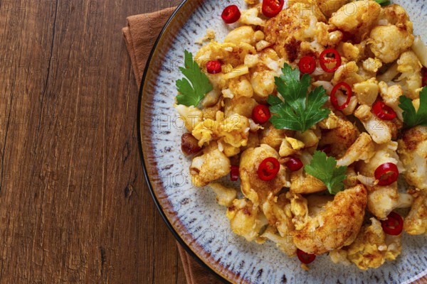 Spicy fried cauliflower served on a wooden countertop