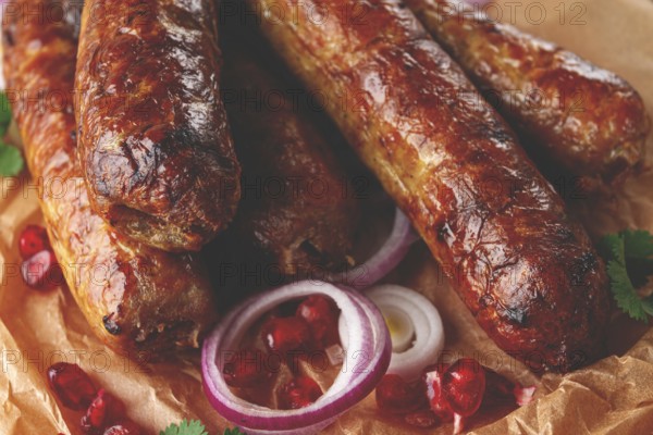 Fried kupaty on parchment, with red onion and pomegranate, kupaty, Georgian cuisine