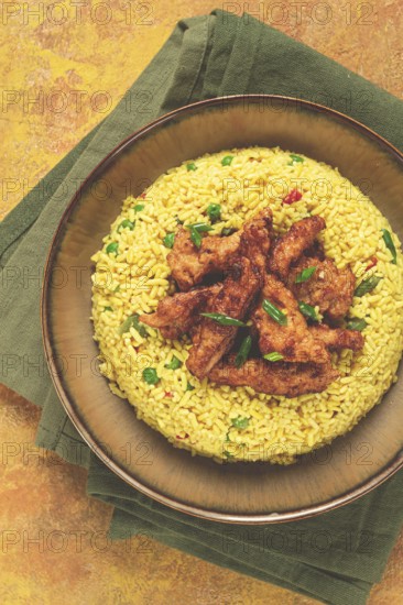 Crispy chicken fillet in soy sauce, with fried rice, homemade, no people